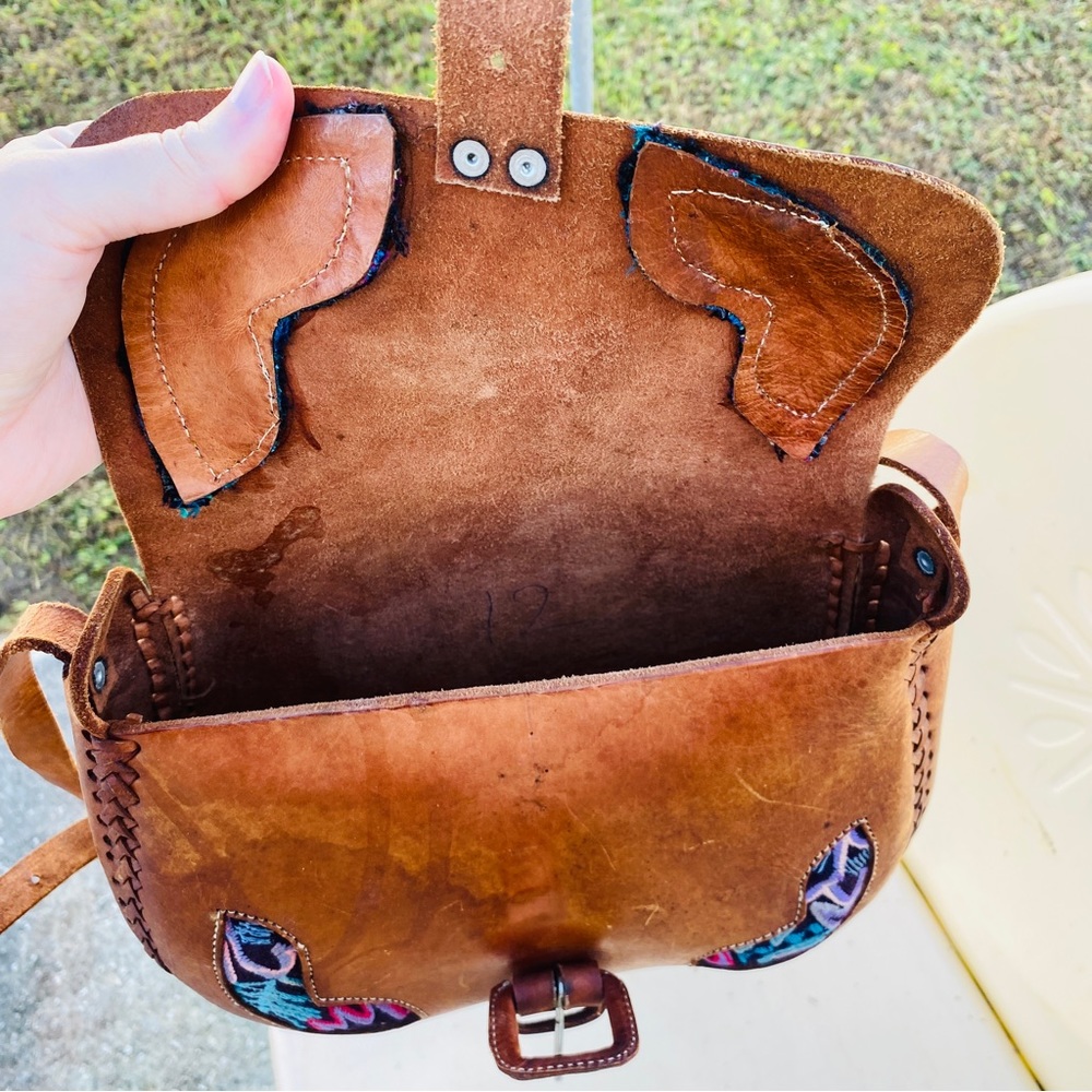 Tooled leather flap top brown crossbody bag handmade bohemian hippie - Picture 7 of 11